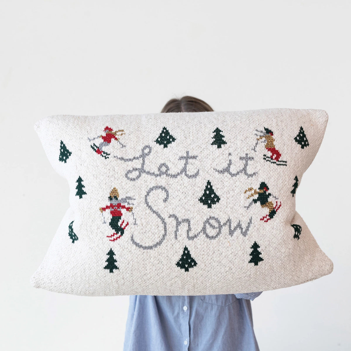 Cotton Knit Trees &amp; Skiers Let it Snow Pillow