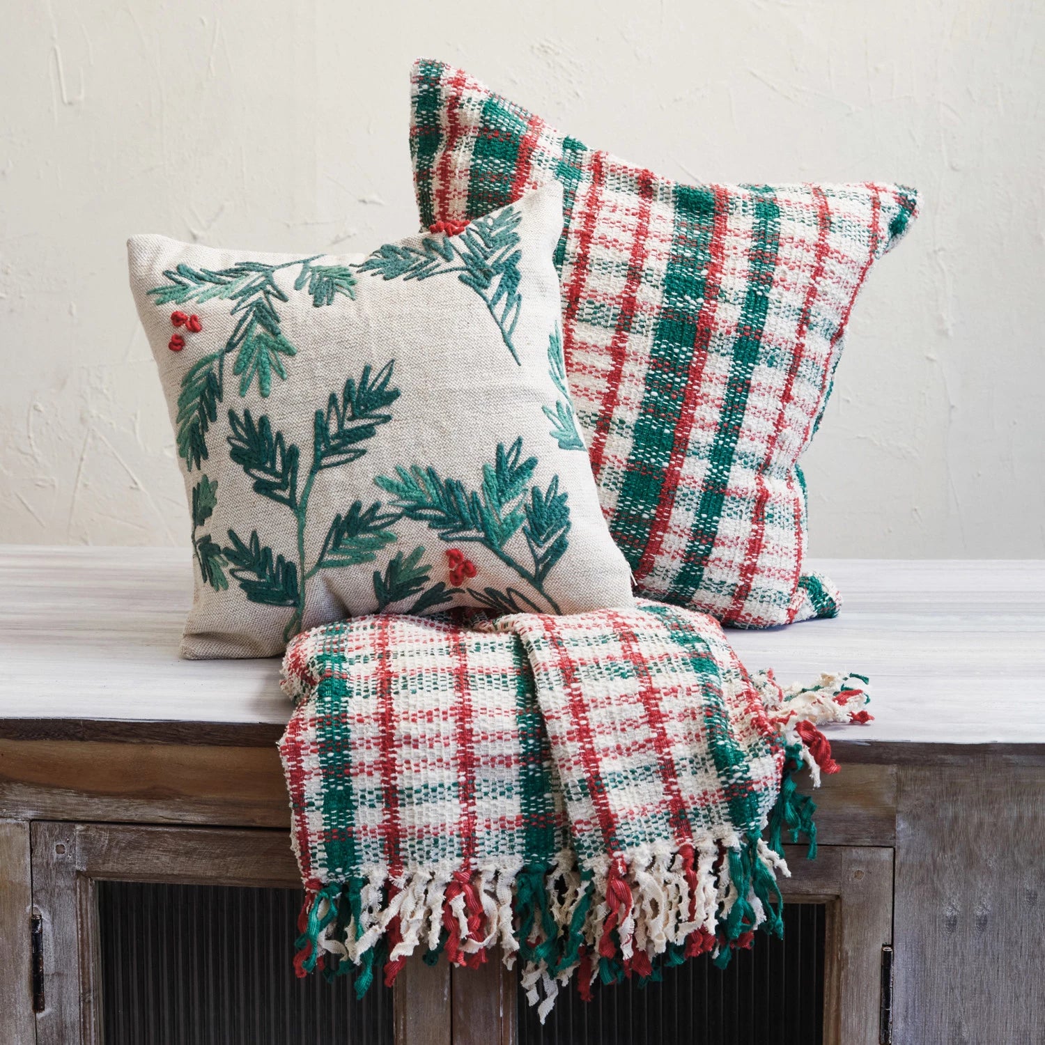 Woven Cotton & Jute Holly & Berries Pillow