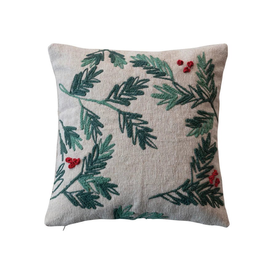 Woven Cotton & Jute Holly & Berries Pillow