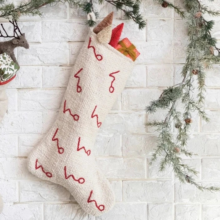 Embroidered Ho Ho Ho Woven Cotton Stocking