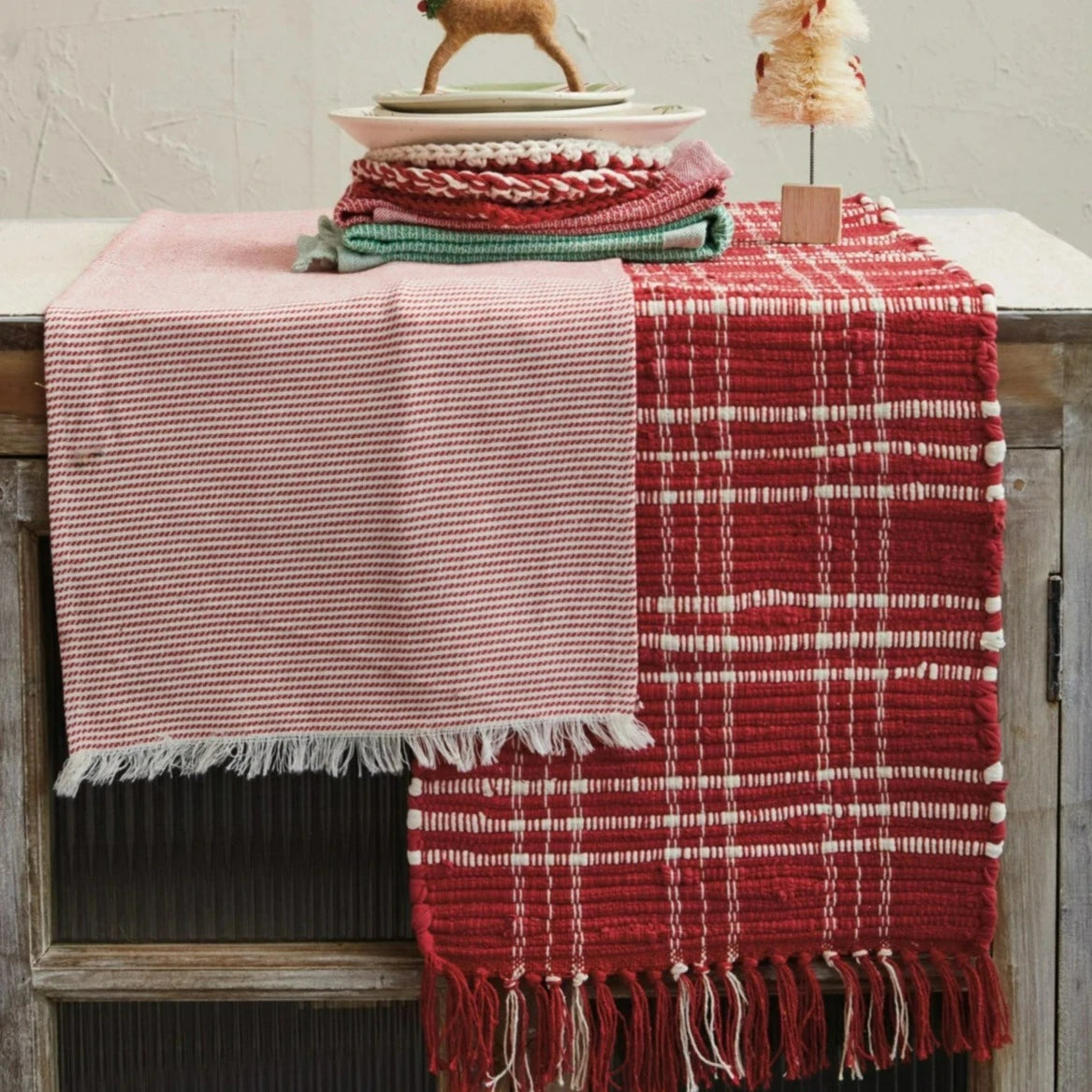 Hand Woven Red Plaid Cotton Chindi Table Runner