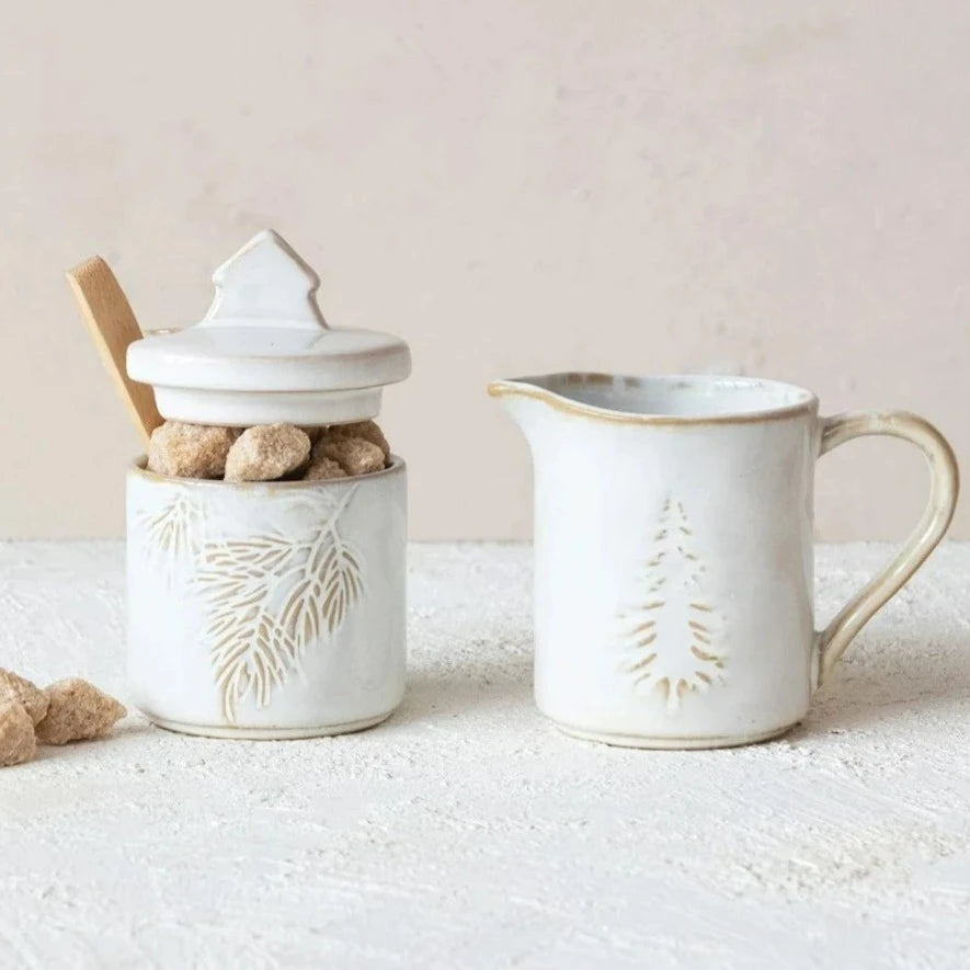 Winter Stoneware Creamer &amp; Sugar Pot With Spoon Set