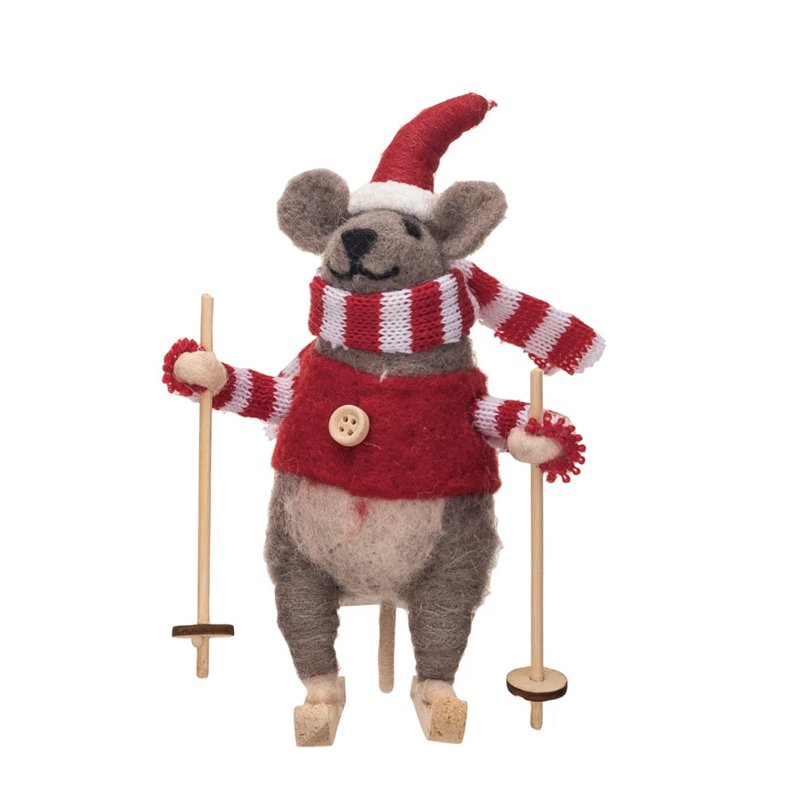 Wool Felt Skiing Mouse With Winter Coat