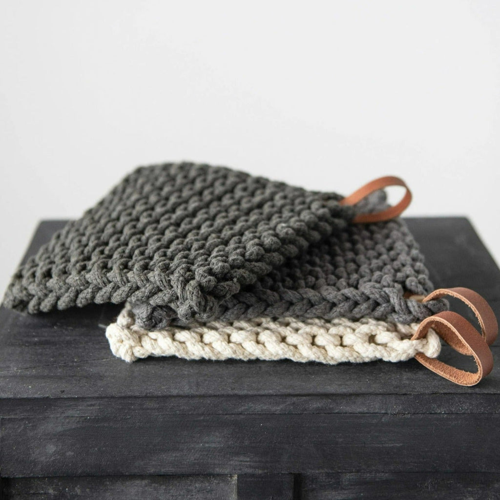 Woven Cotton Pot Holder & Leather Loop