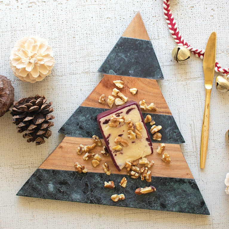 Green Marble and Acacia Wood Christmas Tree Cutting Board